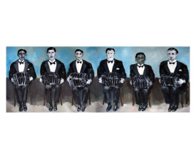 Zes bandoneonisten . 2011 . olie op paneel . 50x140